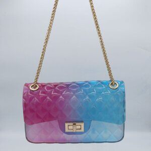 Transparent Pink/Bue Ombre Quilted Jelly Shoulder Bag Double Gold Chain Strap